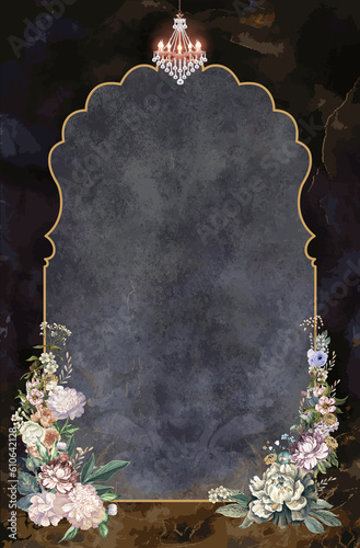Canvas-taulu Wedding invitation in black marble, chandelier, crystal and peony flower illustr