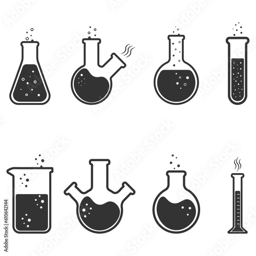Chemistry beakers and flacks set. Vector line icons