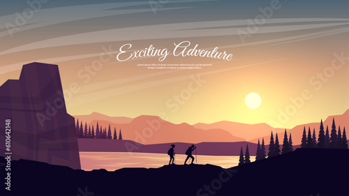Vector illustration. Travel concept of discovering, exploring and observing nature. Hiking. Adventure tourism. Flat design template of gift card, web banner, invitation, website. Evening landscape