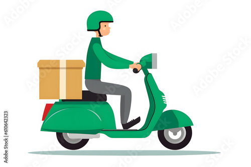 Art illustration of a delivery man in green rides a scooter on a white background created with Generative AI technology.