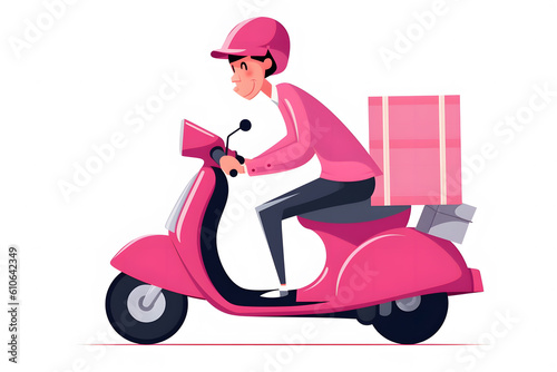Side view of a delivery man on a pink scooter, transportation mode. Isolated on white background created with Generative AI technology.