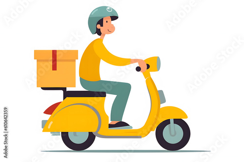 Side view of a delivery man on a yellow scooter, transportation mode. Isolated on white background created with Generative AI technology.