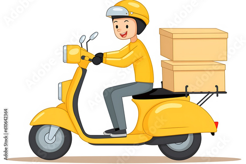 Side view of a delivery man on a yellow scooter, transportation mode. Isolated on white background created with Generative AI technology.