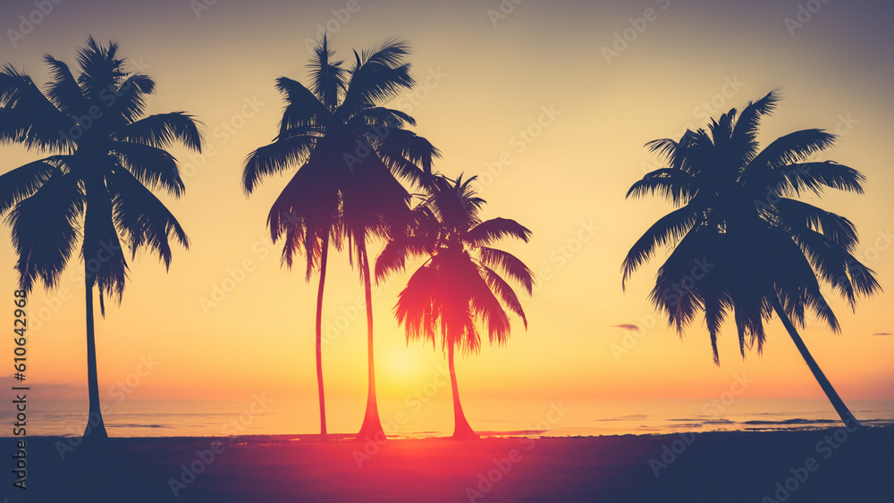 Silhouette coconut palm trees on the beach at sunset. vintage tone. - generative ai