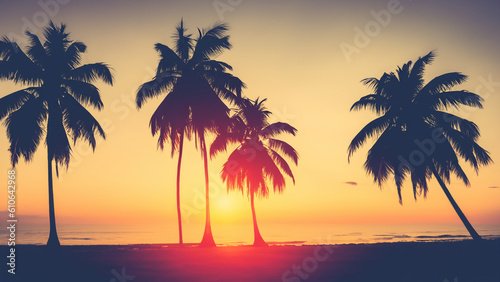 Silhouette coconut palm trees on the beach at sunset. vintage tone. - generative ai © tolabstock