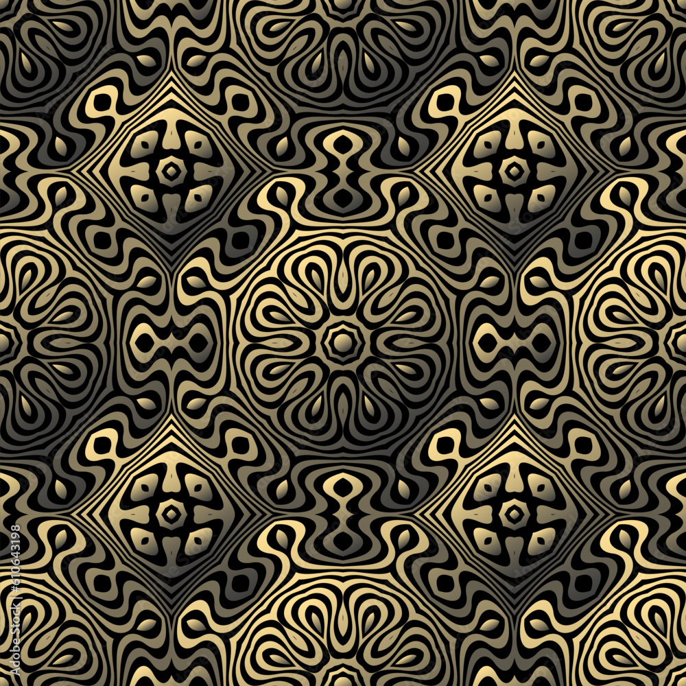 Luxurious gold embossed pattern on a black background, creating an optical illusion of depth. Ideal for ornamental tile designs.