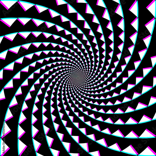 Circular spiral background of white triangles on black. Psychedelic optical art design.