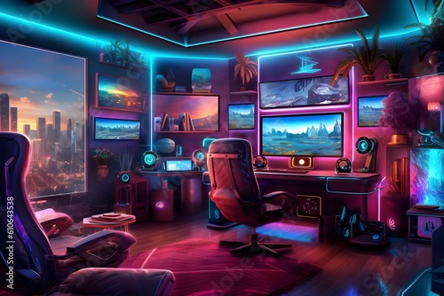 State-of-the-art gaming PC setup, colorful LED lighting, and comfortable ergonomic gaming chairs. Generated AI © Darryn