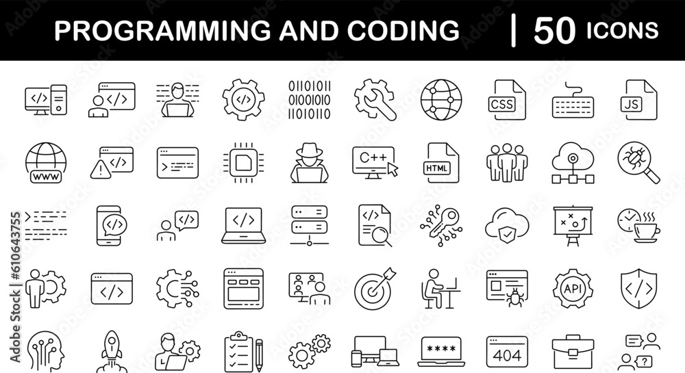 Programming coding set of web icons in line style. Software development icons for web and mobile app. Code, api, programmer, developer, information technology, coder and more. Vector illustration
