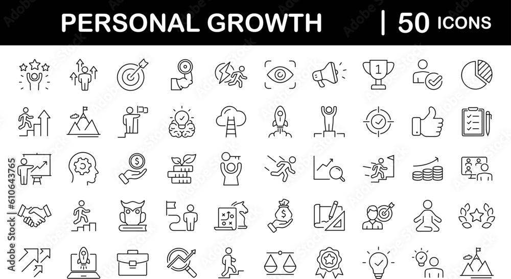 Personal growth and success set of web icons in line style. Growth andsuccess icons for web and mobile app. Growth profit, career progress, business people, strategy, coaching, tutorship, success