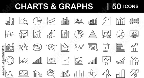 Graphs and Graphs set of web icons in line style. Charts and diagram icons for web and mobile app. Business infographic, charts, statistics, growth, growing bar graph and more. Vector illustration