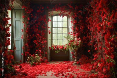 Room full of red roses on vines on the wall