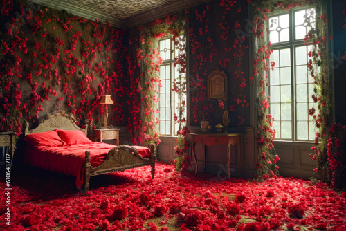 Fototapeta Naklejka Na Ścianę i Meble -  Room full of red roses on vines on the wall