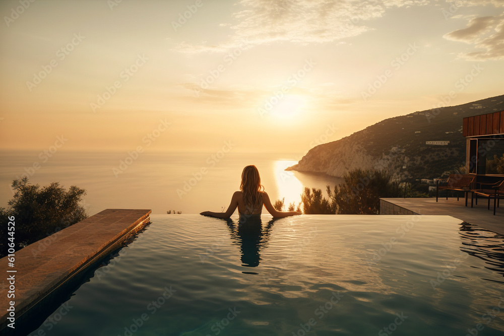 Fototapeta premium woman relaxing in swimming pool, summer holidays concept. Generative Ai