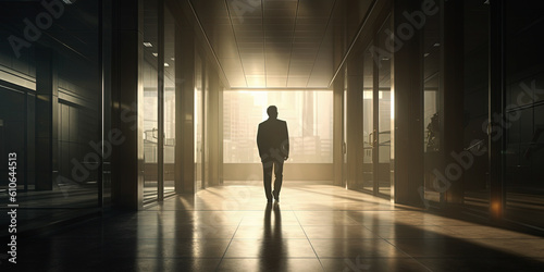 silhouette of a businessman in an office building, panoramic image. Generative Ai