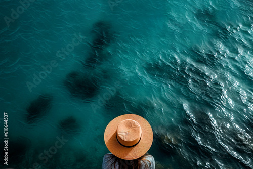 back view of woman in hat looking at sea, summer vacation. Generative Ai
