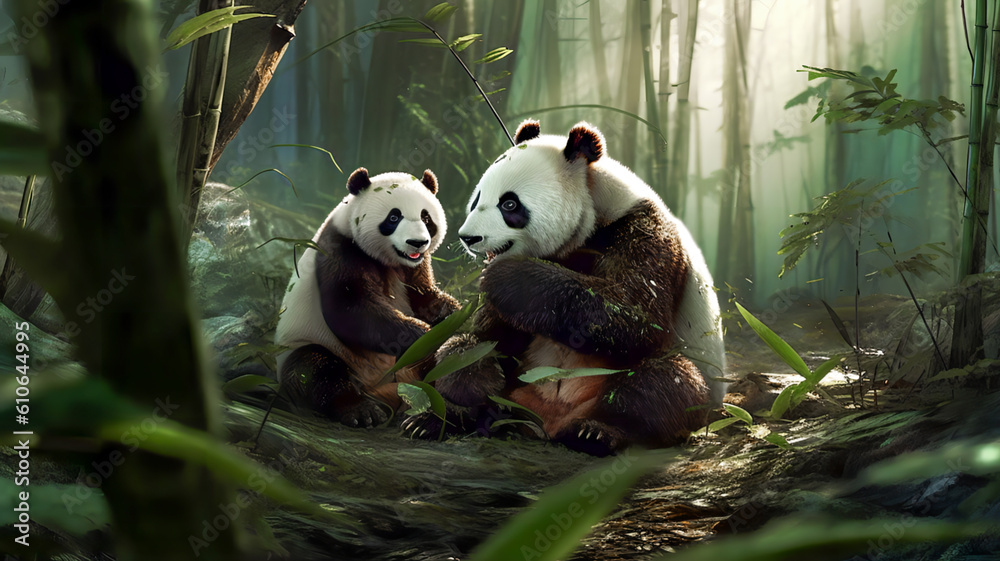 Sand Bär mit Panda Babys in einem Bambuswald. Generiert mit KI