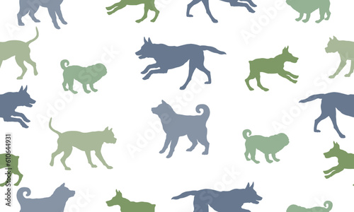 Fototapeta Naklejka Na Ścianę i Meble -  Seamless pattern. Silhouette dogs different breeds in various poses. Isolated on a white background. Endless texture. Design for fabric, decor, wallpaper. Vector illustration.