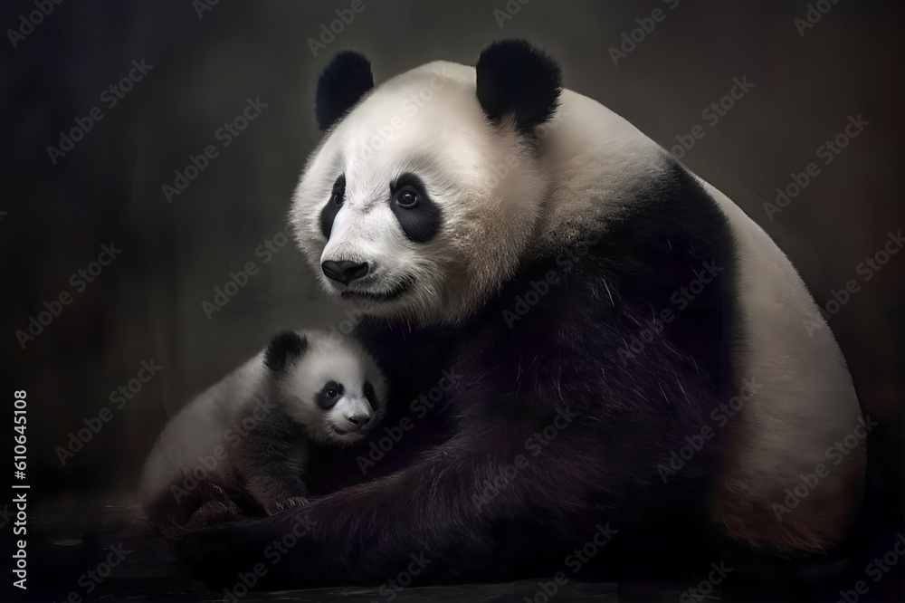 Sand Bär mit Panda Babys in einem Bambuswald. Generiert mit KI