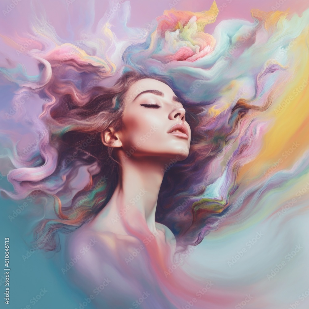 A painting of a woman with her hair blowing in the wind. Generative AI ...
