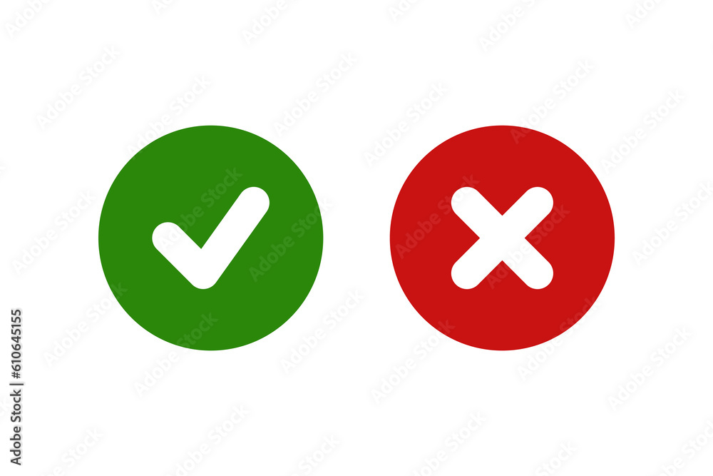 Tick and cross icon. Yes and no icon. Vector round, circle check symbol isolated on white background. Tick and cross icon. Yes and no icon. Vector round, circle check symbol isolated on white background.