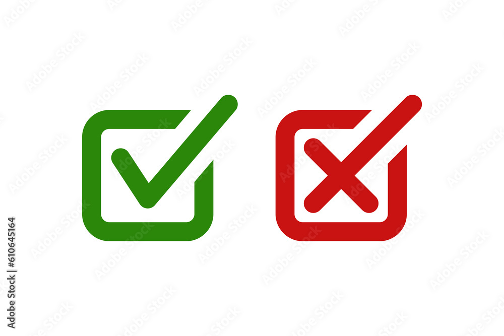 Tick and cross icon. Yes and no icon. Vector check symbol isolated on white background. Tick and cross icon. Yes and no icon. Vector check symbol isolated on white background.