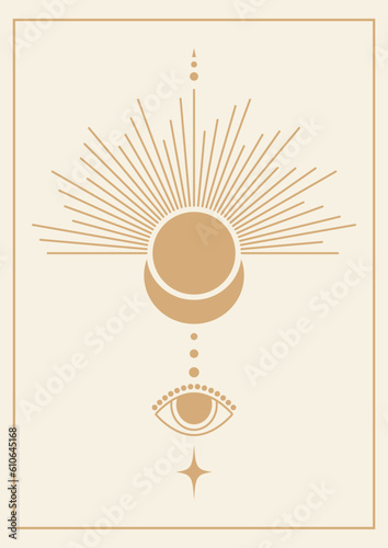 Sun and moon printed illustration poster. Tarot card