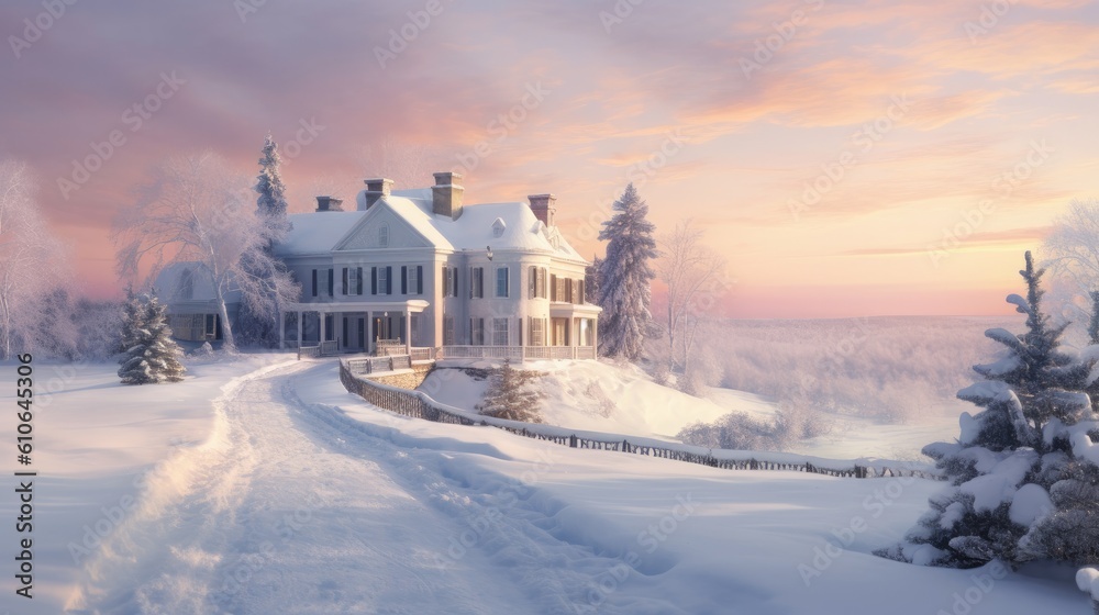 A panoramic view of a snow-covered landscape, featuring a grand country house with twinkling lights - Generative ai