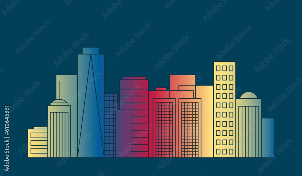 Modern gradient cityscape continuous one line vector drawing.