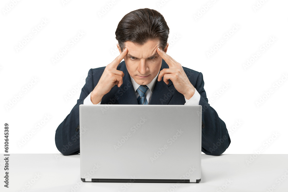 Business man working on laptop and thinking Business man working on laptop and thinking