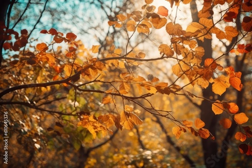 Autumn colorful bright leaves swinging in a tree. Generative ai