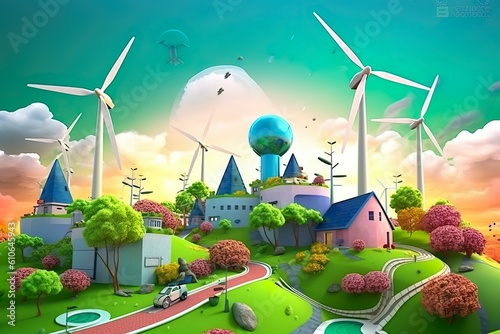 Harmony of the Green: A Fantastic Futuristic Illustration of a Perfect Green World, Showcasing Wind Turbines, Electric Cars, Buildings Integrated with Trees, Lush Woods, Birdlife, and a Blue Sky Illum