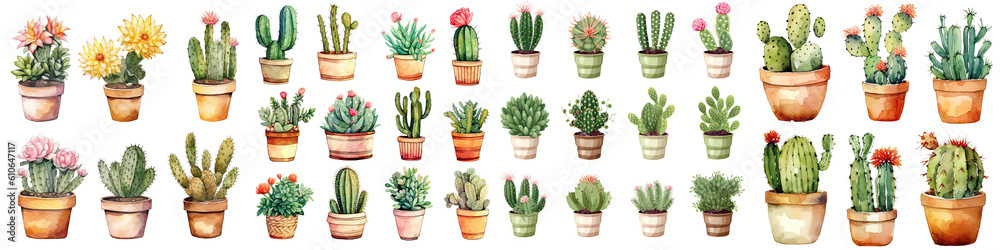 set of cactus flowers in plant pot watercolor illustration transparent ...