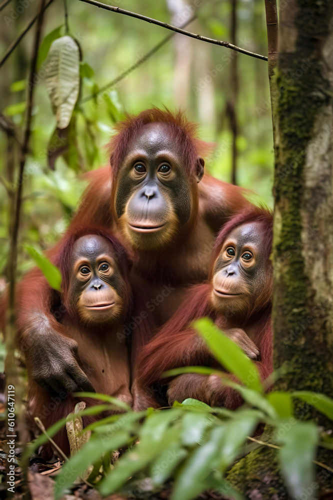 Fototapeta premium Endearing Orangutan Family: Capturing the Love and Playfulness of a Mother and Her Two Cubs, ai generative