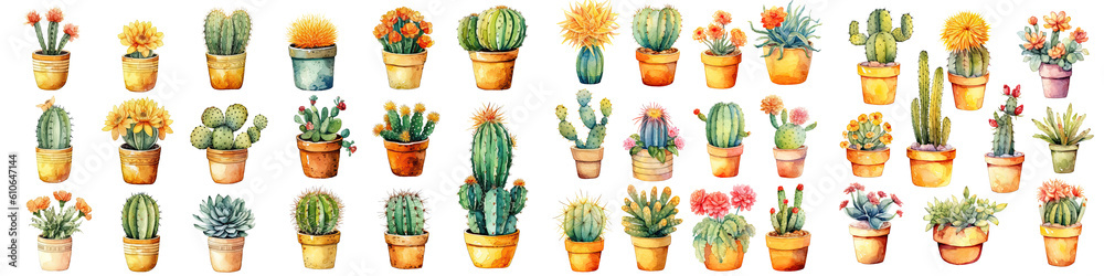 set of cactus flowers in plant pot watercolor illustration transparent ...