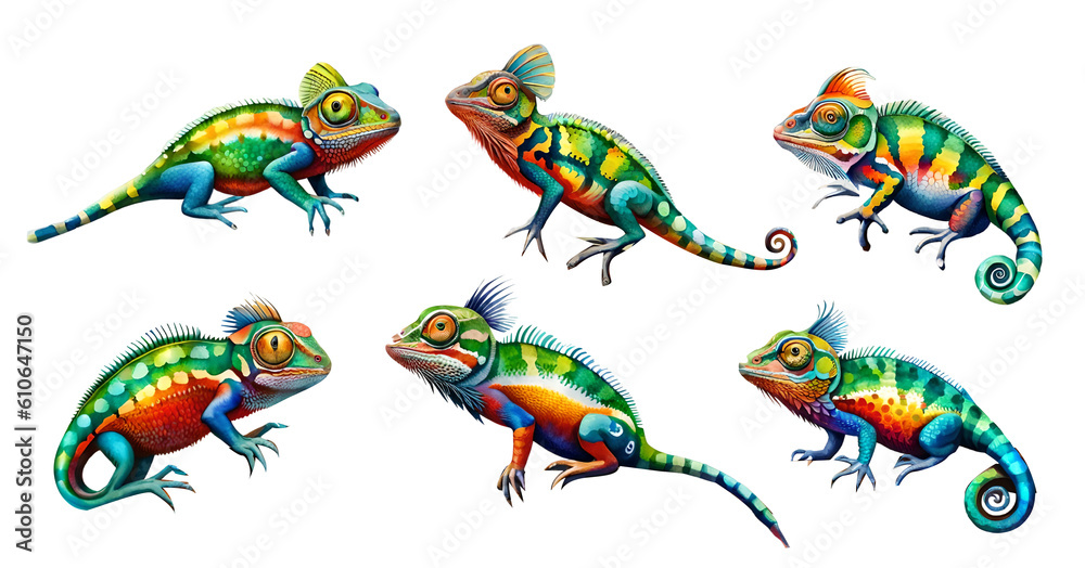 Fototapeta premium Watercolor chameleon set on transparent background. Generative Ai