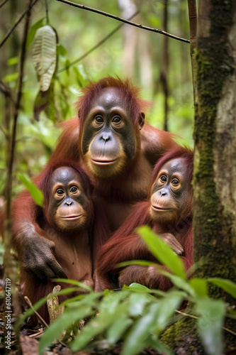 Endearing Orangutan Family: Capturing the Love and Playfulness of a Mother and Her Two Cubs, ai generative © larrui