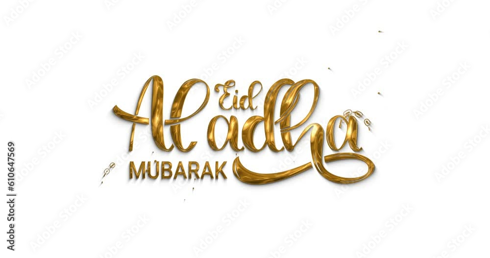 Eid Al Adha Mubarak. Text animation handwritten modern calligraphy with ink splash particles in golden texture on the transparent alpha channel. Great for greeting cards, invitations, and events
