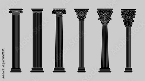 Ancient Greek columns. Black silhouette architecture pillars. Roman antique decoration. Art sculptures. Ornate classic pedestals. Antiquity logo. Vector tidy building isolated elements set photo