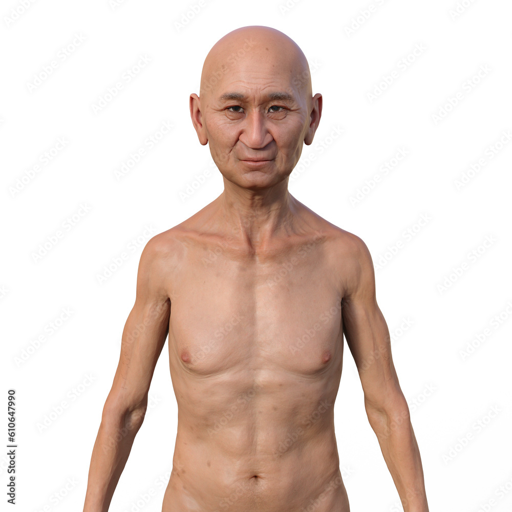 A 3D photorealistic illustration featuring the upper half part of a senior Asian man, revealing his skin, facial expressions, and intricate body anatomy A 3D photorealistic illustration featuring the upper half part of a senior Asian man, revealing his skin, facial expressions, and intricate body anatomy
