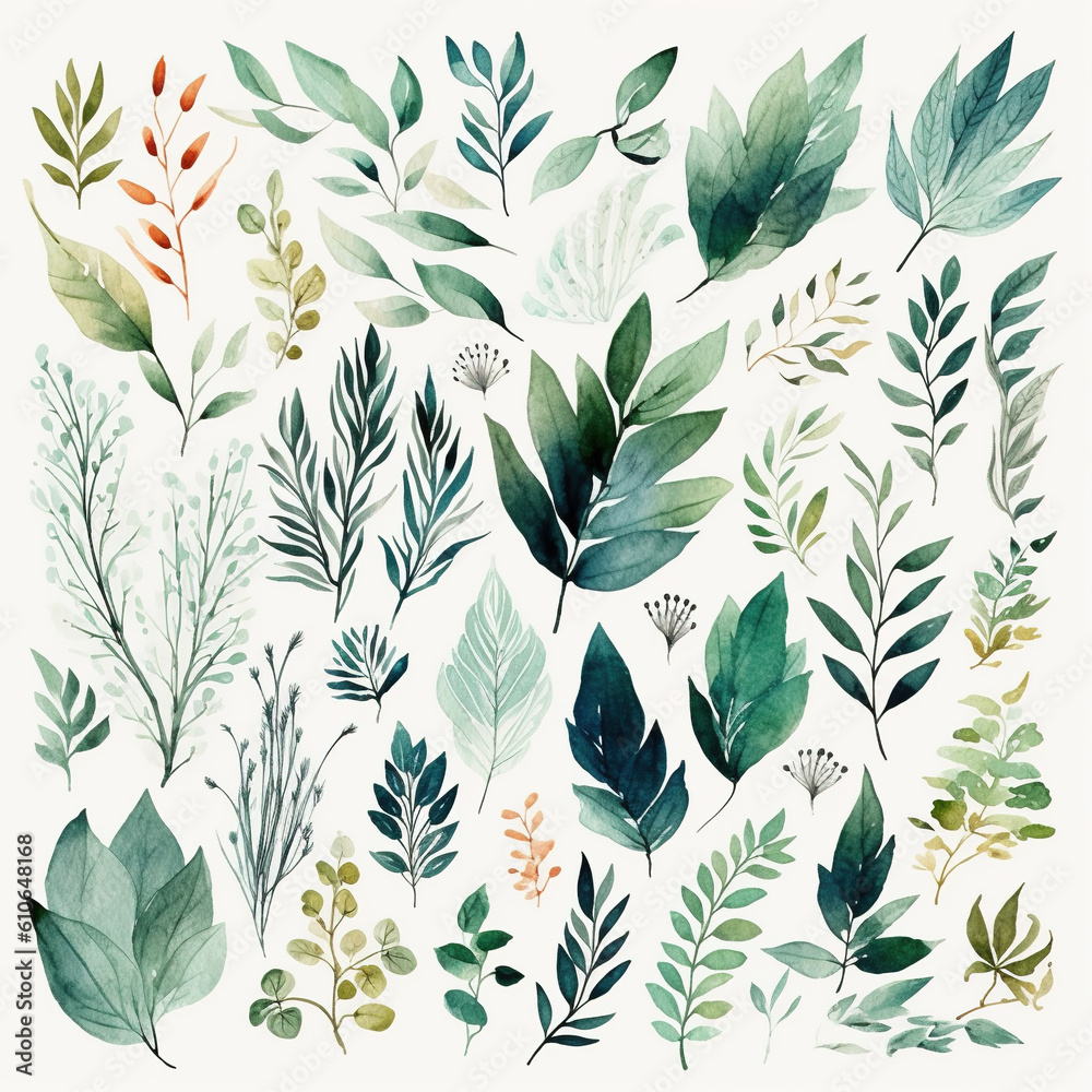 Watercolor plant leaf elements,created with generative ai tecnology. Watercolor plant leaf elements,created with generative ai tecnology.