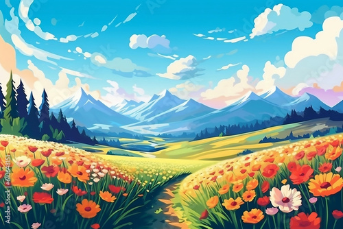 summer flowers field with sun shinning brightly, sky blue with clouds, mountains in the background, cartoonic style illustration. Generative Ai photo