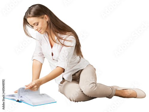 Canvas Print Young cute woman read book isolated on white background