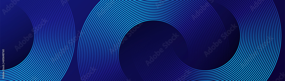Abstract blue glowing geometric lines on dark blue background. Modern shiny blue circle lines pattern. Futuristic technology concept. Suit for cover, poster, banner, brochure, header, website