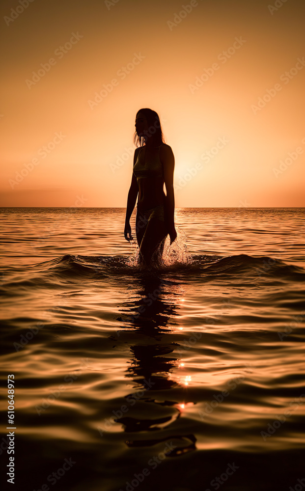 Golden Twilight Serenity: A Silhouette of a Woman Immersed in the Ocean at Sunset, ai generative