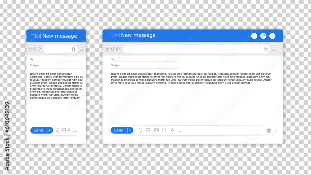Email mockup. Online mail. UI window for message box. Computer or mobile screen interface. Blank address page. Web service. Empty layout frame. Vector internet mailing design template Email mockup. Online mail. UI window for message box. Computer or mobile screen interface. Blank address page. Web service. Empty layout frame. Vector internet mailing design template
