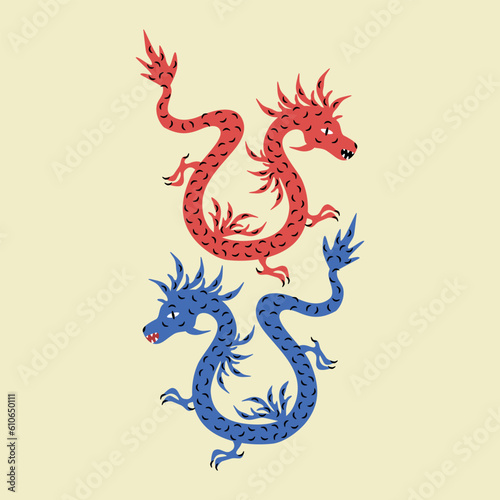 Asian dragons hand drawn vector illustration. Isolated mythology animal for poster or logo.