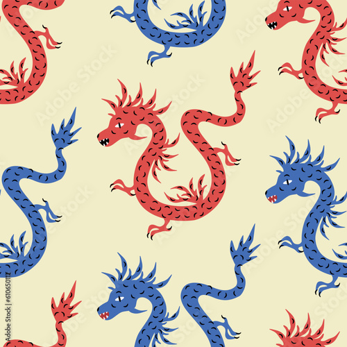 Colorful Asian dragons hand drawn vector illustration. Medieval mythology animal seamless pattern for fabric or wallpaper.