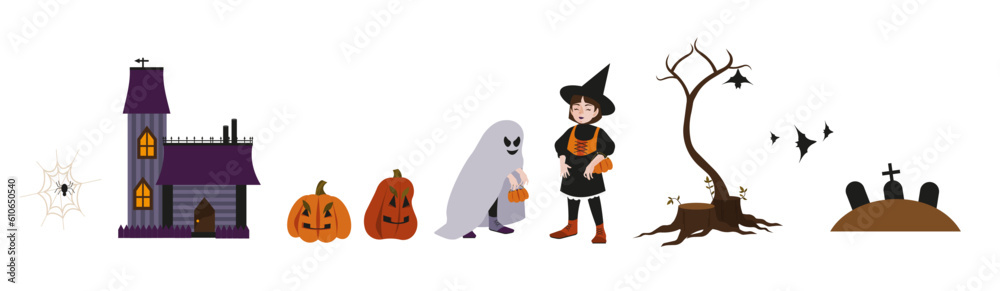Halloween holiday isolated characters and objects set. Girl witch, kid with ghost mantle, pumpkins, tree with stumps, graves, spider on a web, house. Vector illustrations.