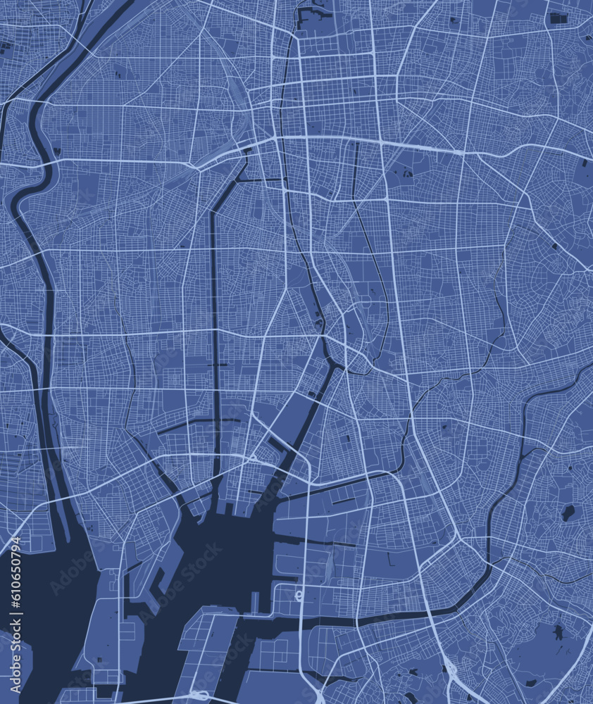Fototapeta premium Detailed map poster of Nagoya city, linear print map. Blue skyline urban panorama. Decorative graphic tourist map of Nagoya territory.